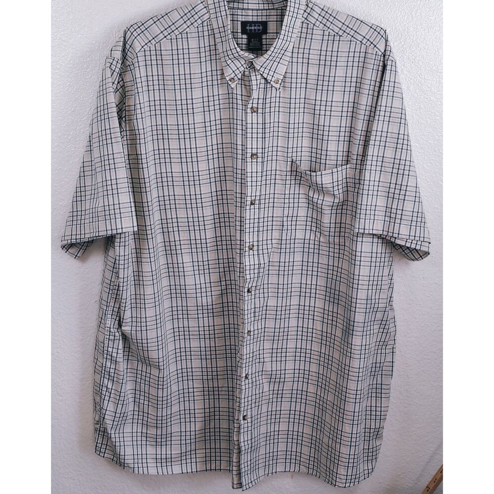 Harbor Bay 3XLT Shirt Mens Big & Tall Short Sleeve Button Down Plaid Green Cream